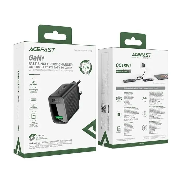 Зарядное устройство Acefast A90 USB QC3.0 18W GaN black (6974316283249) изображение 6