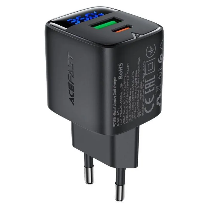 Зарядний пристрій Acefast 1xUSB-C + 1xUSB 35W GaN with digital display black (6974316284468) зображення 2