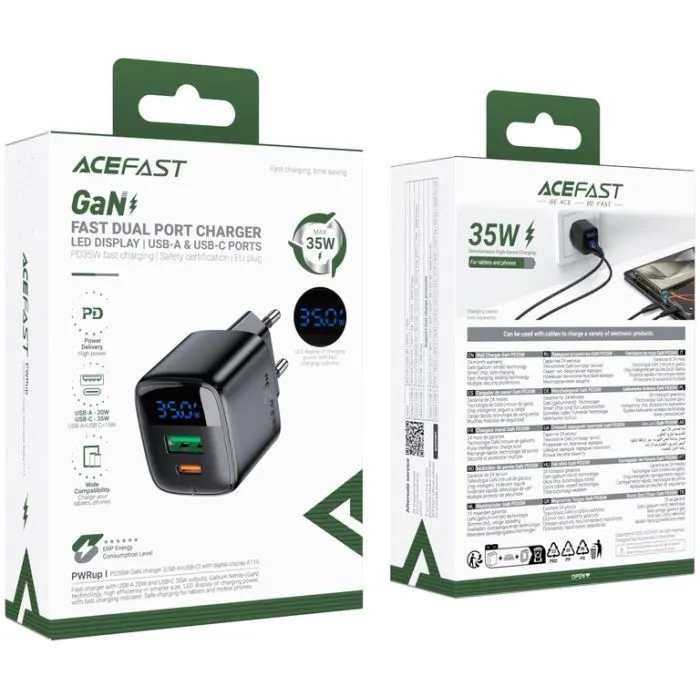 Зарядний пристрій Acefast 1xUSB-C + 1xUSB 35W GaN with digital display black (6974316284468) зображення 6