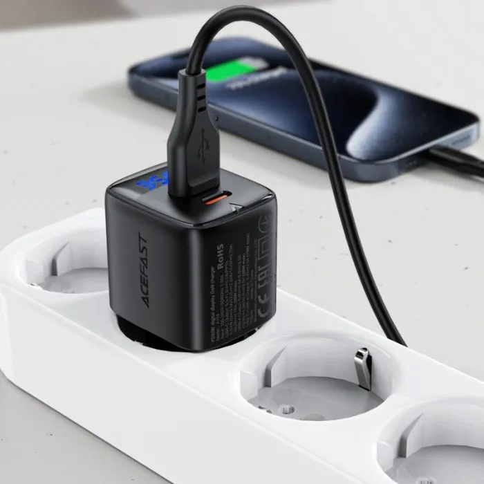 Зарядний пристрій Acefast 1xUSB-C + 1xUSB 35W GaN with digital display black (6974316284468) зображення 7