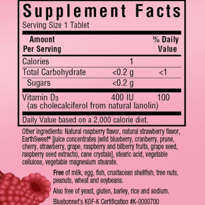 Витамин Bluebonnet Nutrition Витамин D3 400IU, Вкус Малины, Earth Sweet Chewables, 90 же (BLB0360) изображение 2