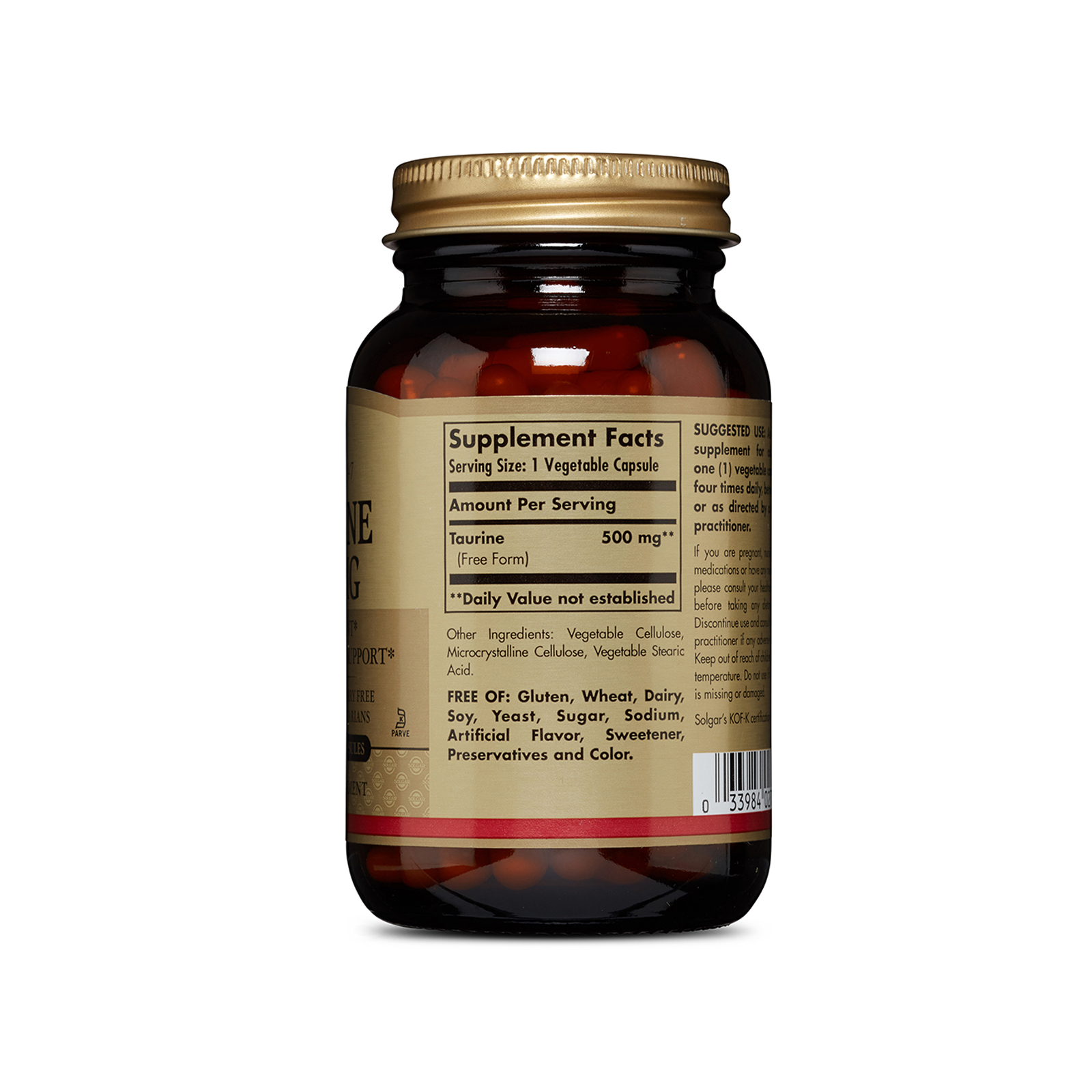 Амінокислота Solgar Таурин, Taurine, 500 мг, 100 вегетаріанських капсул (SOL02701) зображення 2
