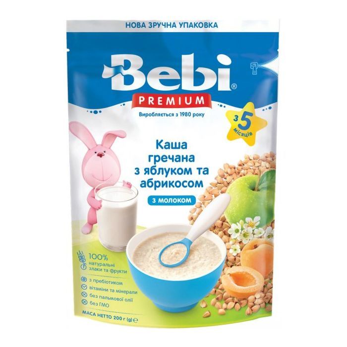 Дитяча каша Bebi Premium молочна гречана з яблуком та абрикосом +5 міс. 200 г (8606019654290)