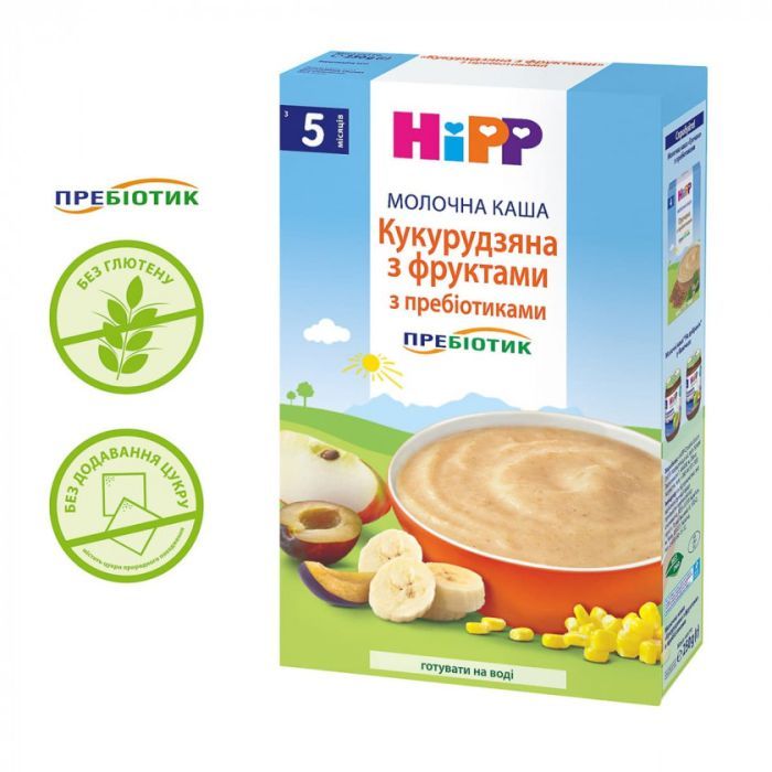 Детская каша HiPP молочная Кукурузная с фруктами с пребиотиками 250 гр (9062300140153)
