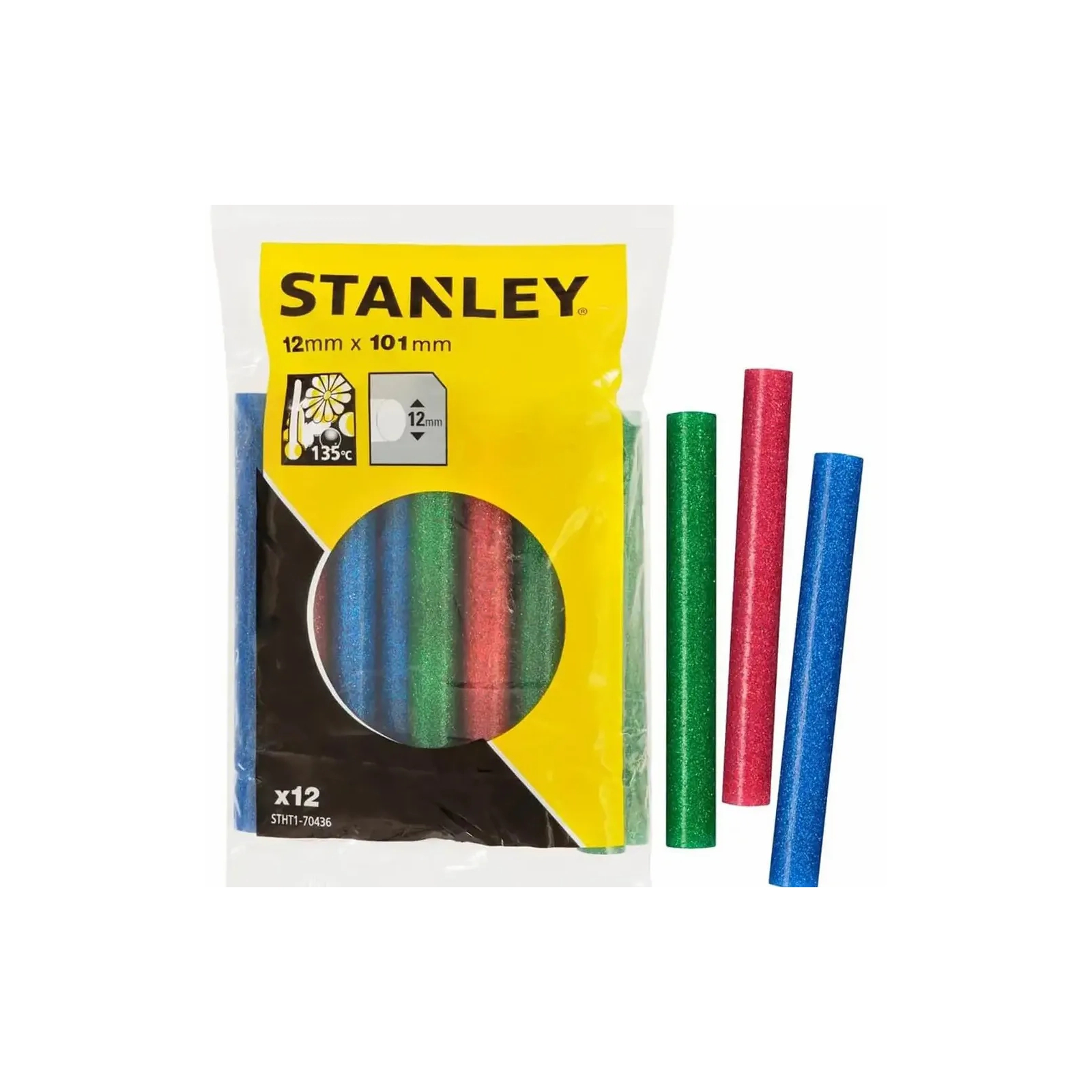 Клейові стержні Stanley d=11,3 мм, L= 100 мм, низкотемпературный, три цвета, 12 шт (STHT1-70436)