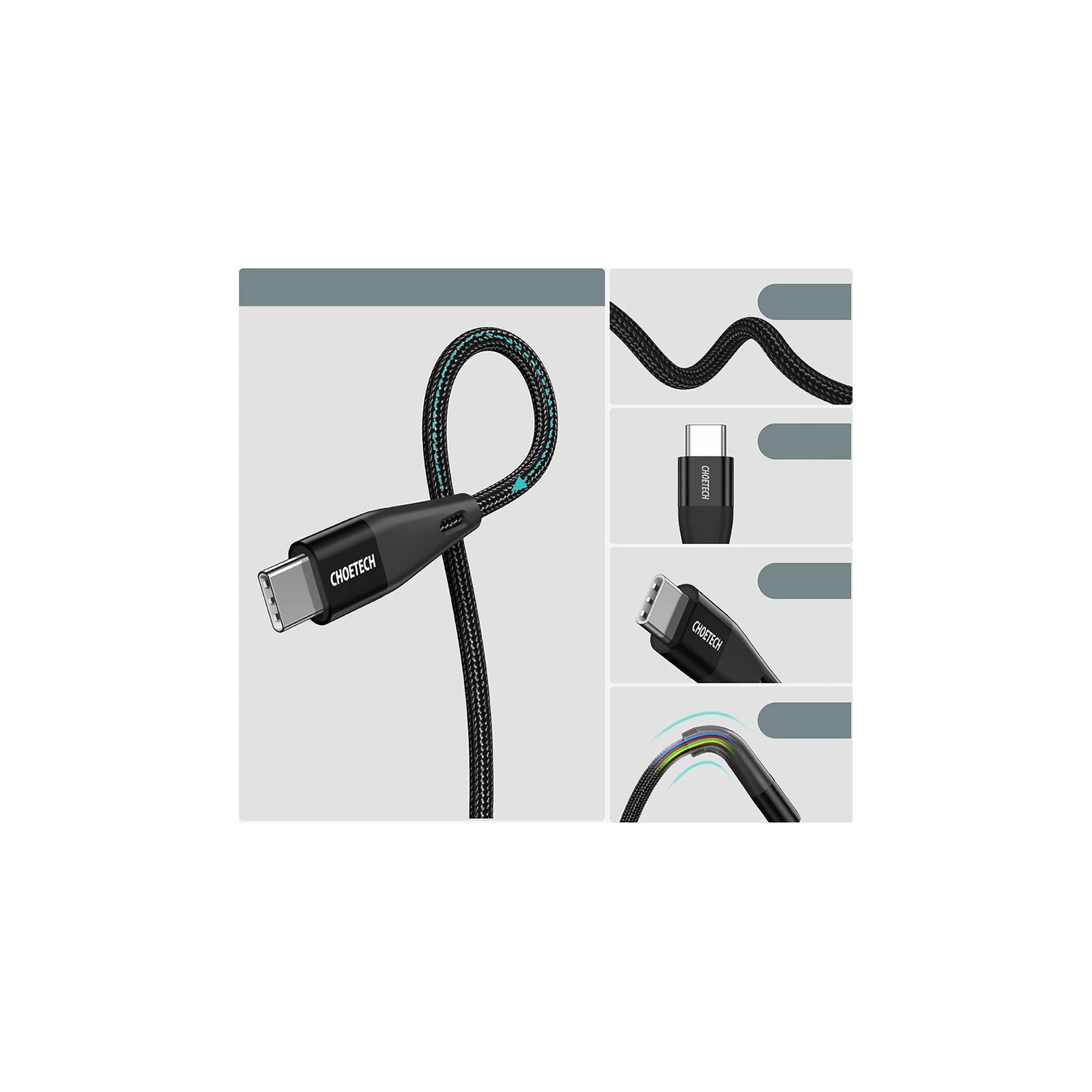 Дата кабель USB-С to USB-С 1.2m 60W USB2.0 Choetech (XCC-1003-BK) зображення 3