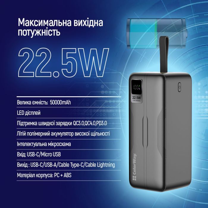 Батарея універсальна ColorWay 50 000 mAh PD/18W, QC3.0/22.5, Digital Display, Black (CW-PB500LPC5BK-PDD) зображення 9