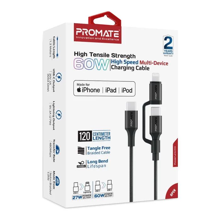 Дата кабель USB-C to USB-C + Lightning black Promate (powerlink-cci.black) изображение 2 Дата кабель USB-C to USB-C + Lightning black Promate (powerlink-cci.black) изображение 2