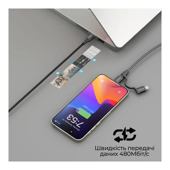 Дата кабель USB-C to USB-C + Lightning black Promate (powerlink-cci.black) изображение 6 Дата кабель USB-C to USB-C + Lightning black Promate (powerlink-cci.black) изображение 6