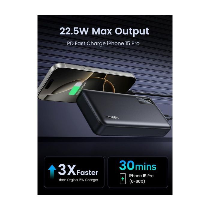 Батарея універсальна Ugreen 20000mAh 22,5W PD, 2хUSB-A, 2xUSB-C Black (PB312) (25683) зображення 4