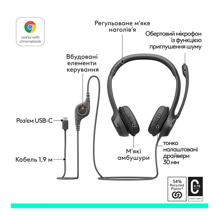 Навушники Logitech H390 USB-C Midnight Black (981-001576) зображення 5