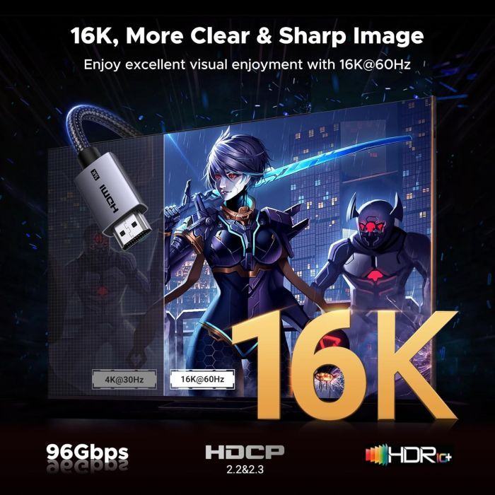 Кабель мультимедийный HDMI M to HDMI M 2.0m V2.2 16K60Hz 96Gbps braided black Ugreen (65900) изображение 2