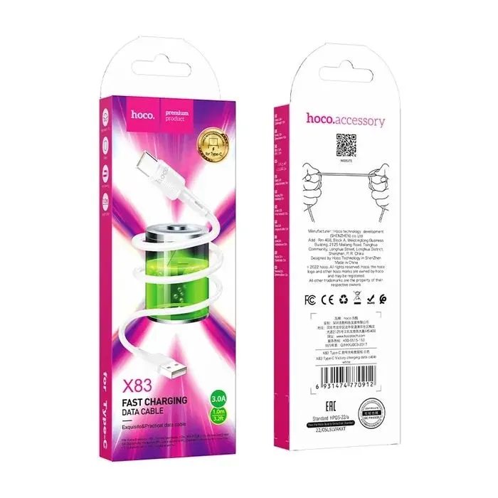 Дата кабель USB 2.0 AM to USB-C 1.0m 3A X83 white HOCO (6931474770912) изображение 2