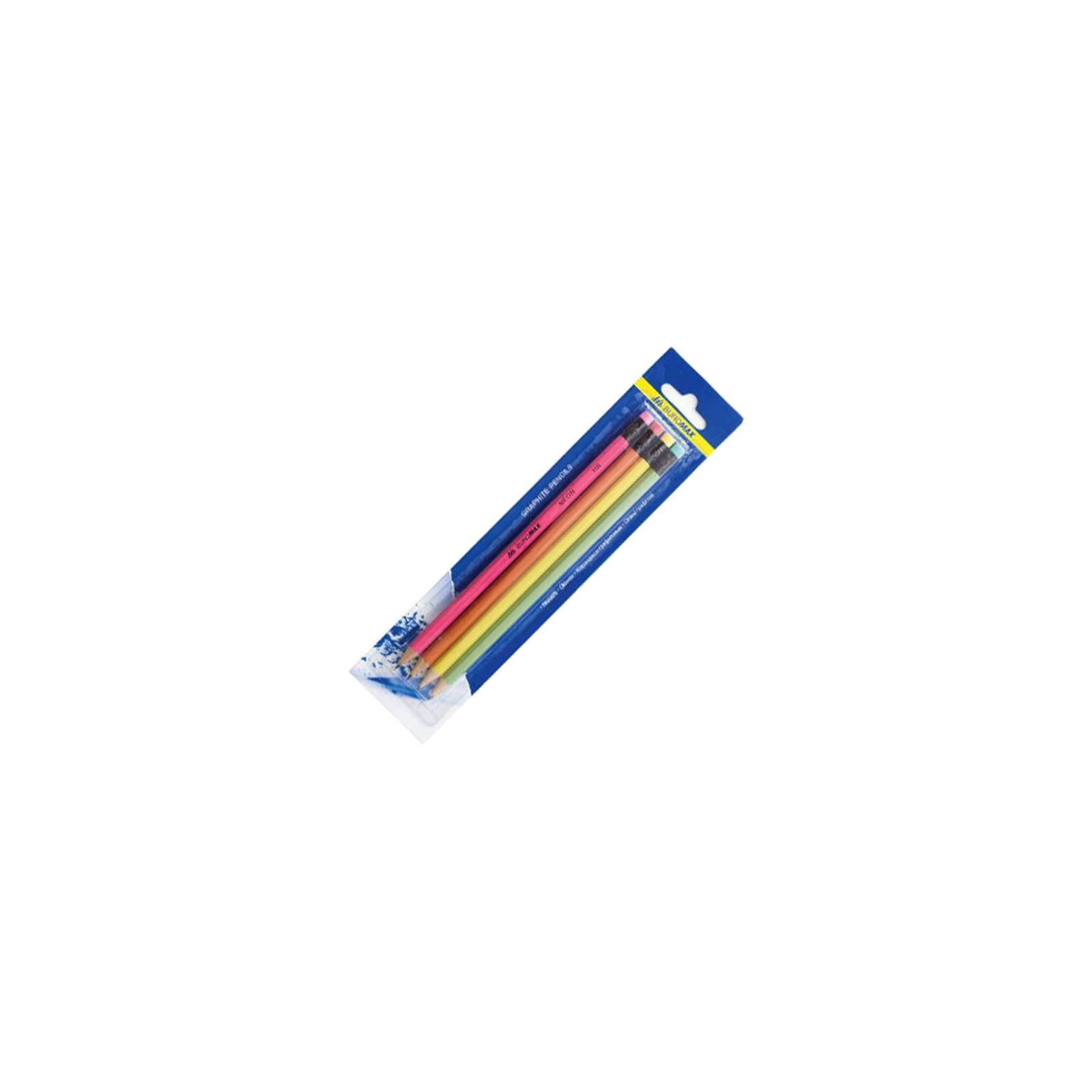 Олівець графітний Buromax HB, with eraser, NEON, SET 4шт, assorted colors/blіster (BM.8521)