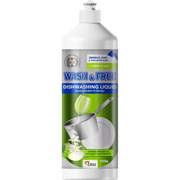 Средство для ручного мытья посуды Wash&Free зеленое яблоко и экстракт эдельвейса 1000 г (4260637723086)