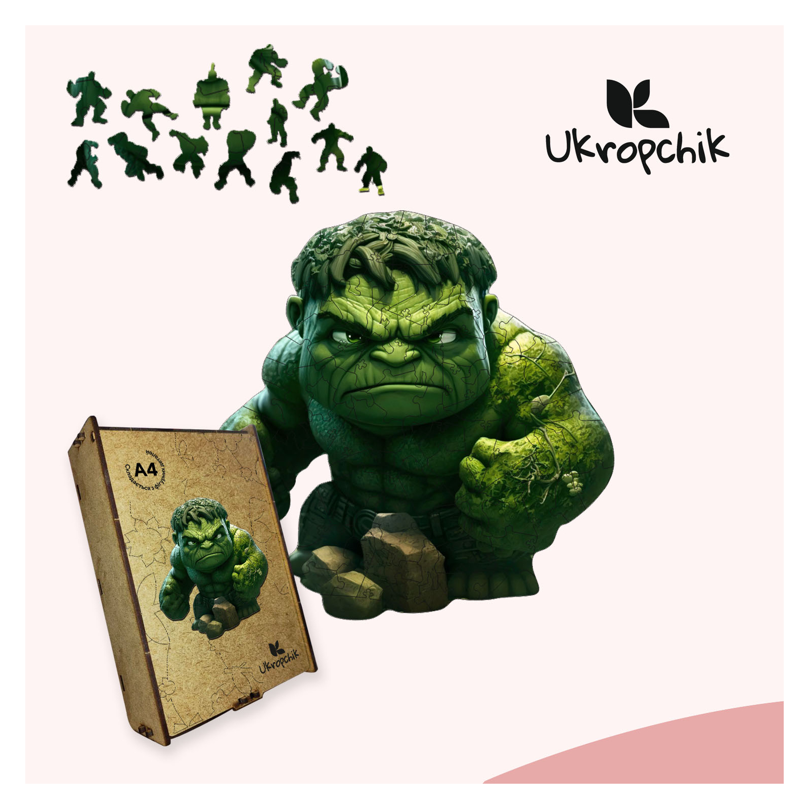 Пазл Ukropchik дерев'яний Супергерой Халк size - L в коробці з набором-рамкою (Hulk Superhero A3) зображення 5