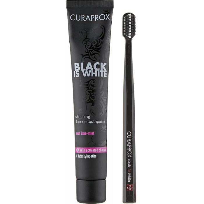 Набір косметики Curaprox Black is White Зубна паста з активованим вугіллям 90 мл + Зубна щітка CS 5460 чорного кольору (7612412423686)