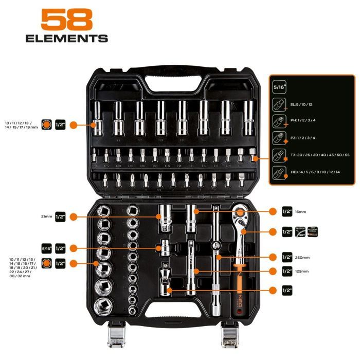 Набор инструментов Neo Tools 58шт, 1/2", CrV, кейс (10-042) изображение 2