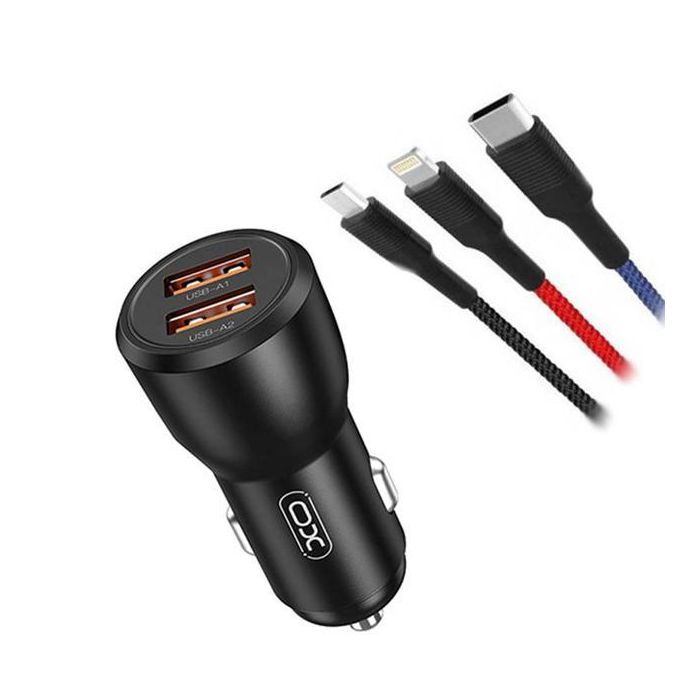 Зарядний пристрій XO CC55 QC3.0 18W (2USB/2.4A) + USB - Lightning + MicroUSB + Type-C Black (XO-CC55-BK)