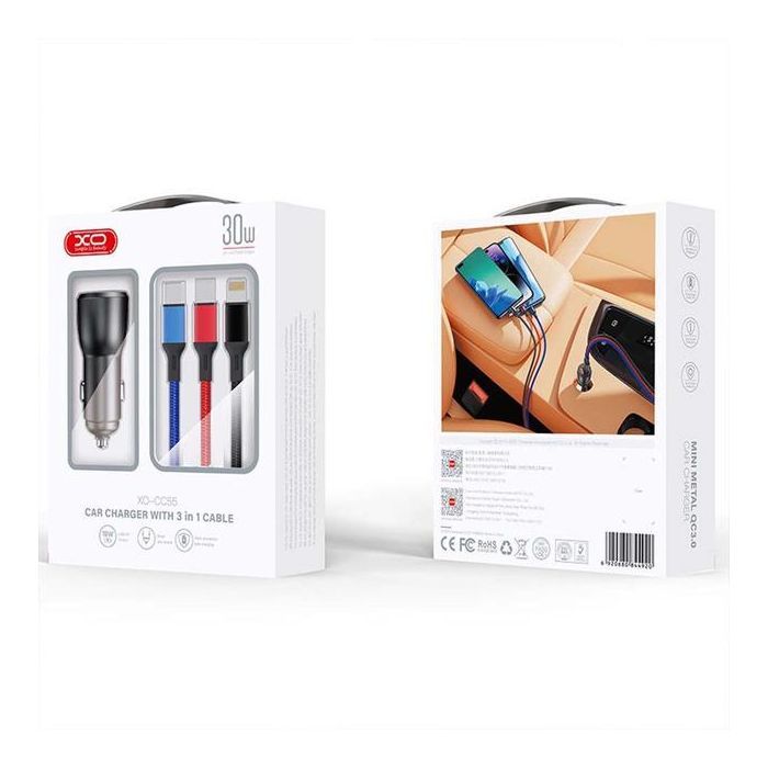 Зарядний пристрій XO CC55 QC3.0 18W (2USB/2.4A) + USB - Lightning + MicroUSB + Type-C Black (XO-CC55-BK) зображення 2