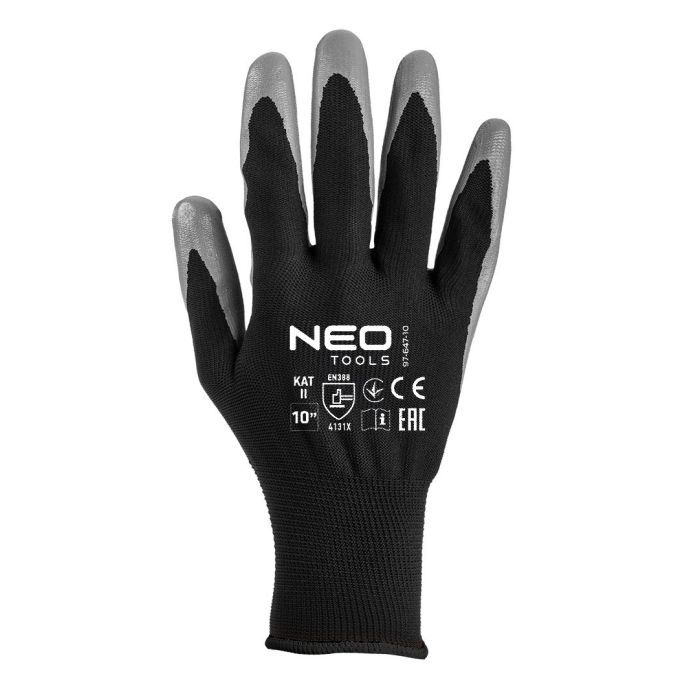 Защитные перчатки Neo Tools комплект 12шт, полиэстер с нитриловым покрытием, р.11, серо-черный (97-647-11) изображение 4