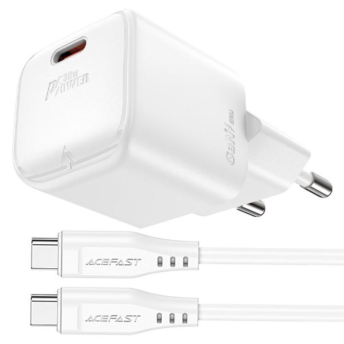Зарядное устройство Acefast USB-C 30W Gan A77 mini + USB-C cable Fast Charger White (6974316282853)