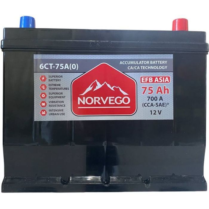 Аккумулятор автомобильный NORVEGO ВЕСТА Asia EFB 75A +прав (0) (700 пуск)