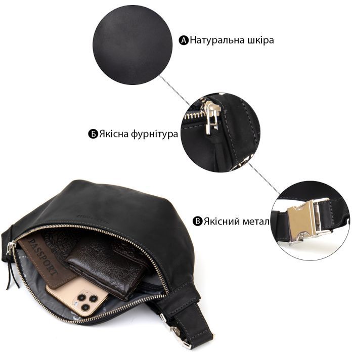 Сумка Grande Pelle Бананка унисекс винтажная Черная (11144) изображение 4