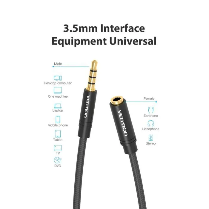 Кабель мультимедійний 3.5mm M to 3.5mm F 1.0m black Vention (BHBBF) зображення 11