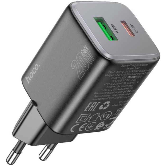 Зарядное устройство HOCO N41 Almighty 1xUSB-C PD20W + 1xUSB QC3.0 Black (6942007617024)