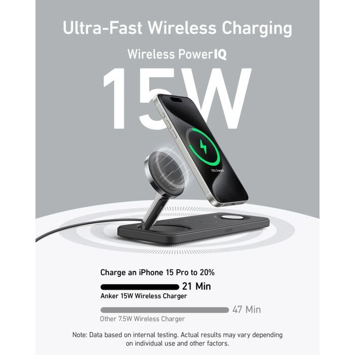 Зарядний пристрій Anker MagGo Wireless Charging Station 15W 3-in-1 Pad Black (B25M1311) зображення 3