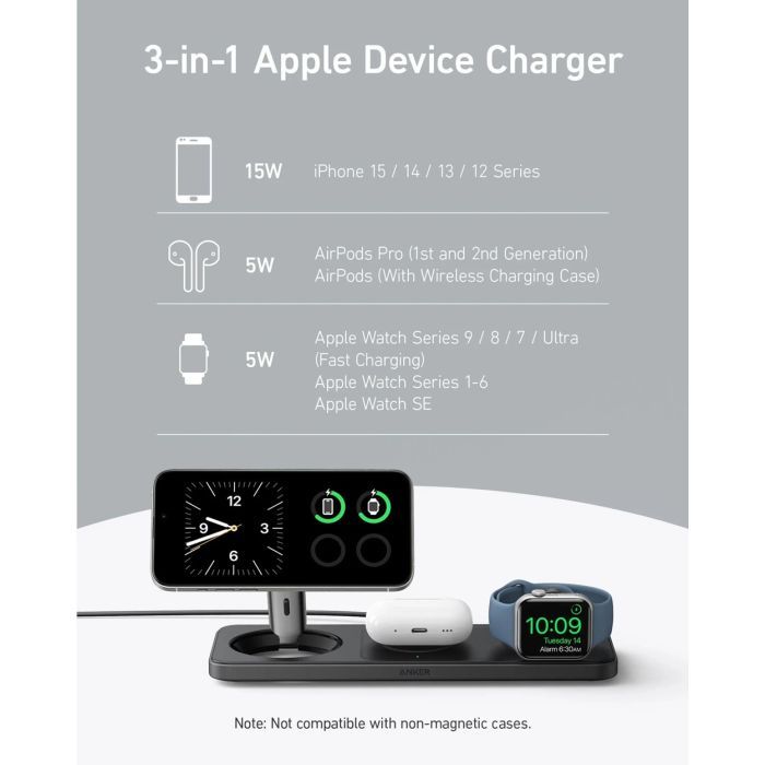 Зарядний пристрій Anker MagGo Wireless Charging Station 15W 3-in-1 Pad Black (B25M1311) зображення 4