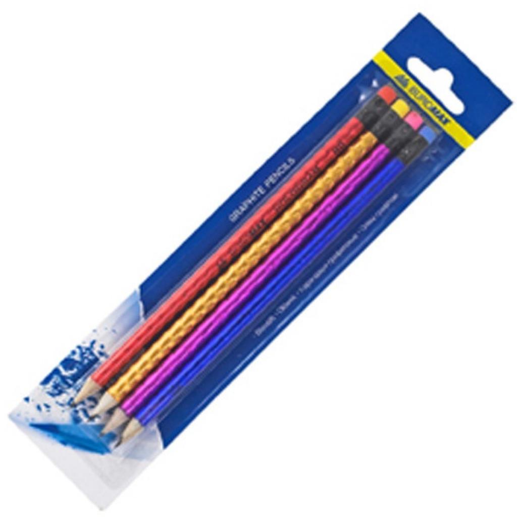 Олівець графітний Buromax HB, with eraser, Hologram SET 4шт, assorted colors/blіster (BM.8522)