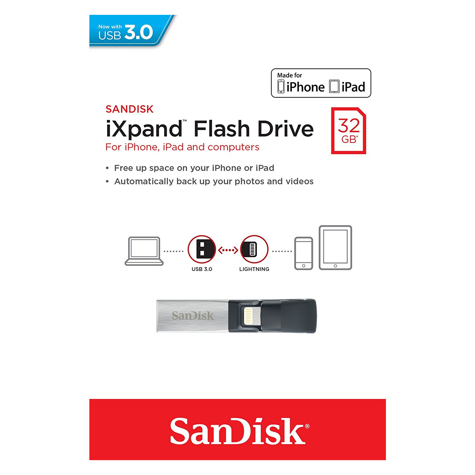 USB флеш накопичувач SanDisk 32GB iXpand USB 3.0/Lightning (SDIX30C-032G-GN6NN) зображення 5