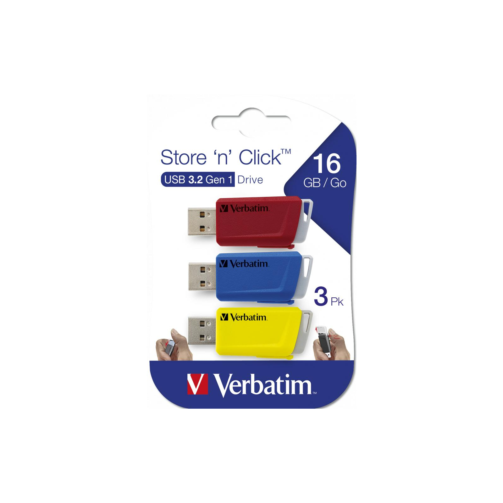USB флеш накопитель Verbatim 3x16GB Store 'n' Click Red/Blue/Yellow USB 3.2 (49306) изображение 12