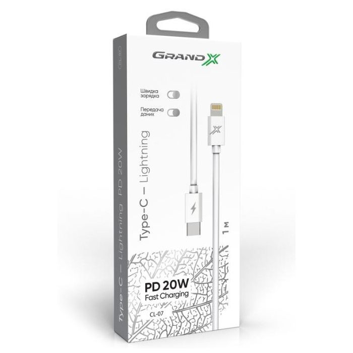 Дата кабель USB-C to Lightning 1.2m white Grand-X (CL-07) изображение 3