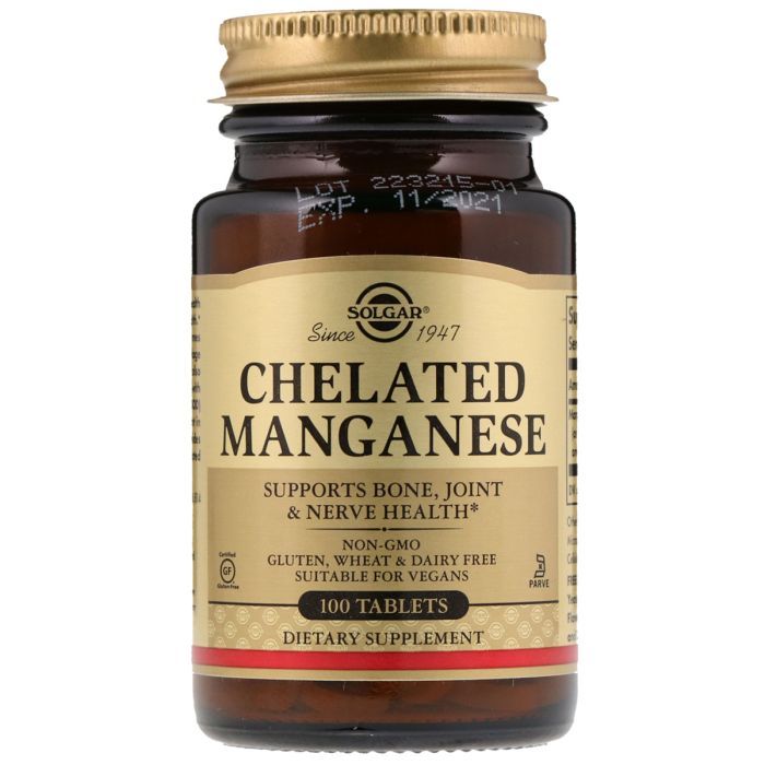 Мінерали Solgar Марганець, Chelated Manganese, 100 таблеток (SOL-00720)