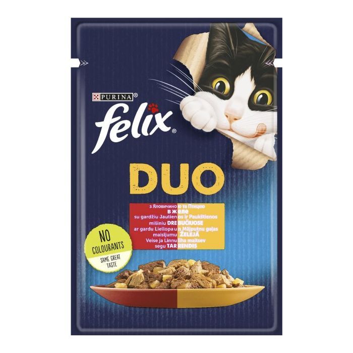 Вологий корм для кішок Purina Felix Fantastic Duo з яловичиною та птицею шматочки в желе 85 г (7613287027597)