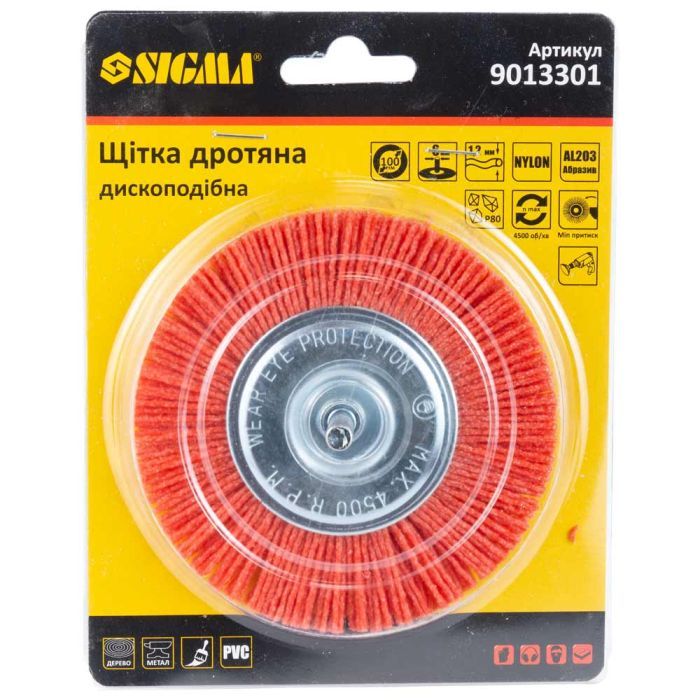 Щетка для электроинструмента Sigma проволочная дискообразная 100мм хвостовик 6мм нейлоновая 9013301 (9013301) изображение 3