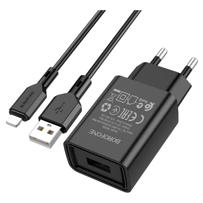 Зарядное устройство BOROFONE BA68A Glacier USB + cable USB to Lightning 10.5W Black (6974443385687) изображение 2