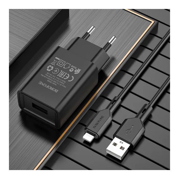 Зарядное устройство BOROFONE BA68A Glacier USB + cable USB to Lightning 10.5W Black (6974443385687) изображение 3