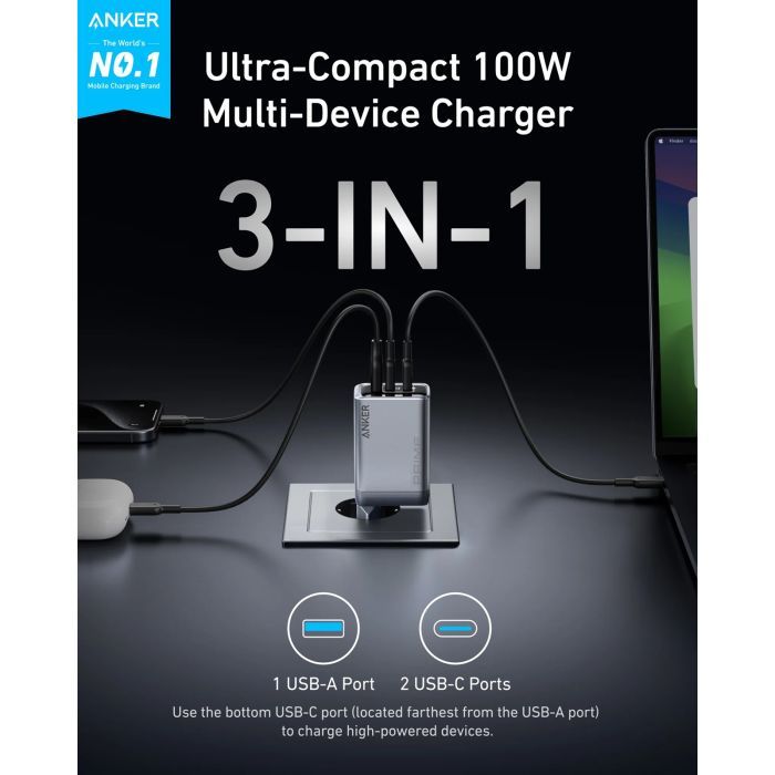Зарядное устройство Anker GaNPrime 100W 2xUSB-C PD + 1xUSB-A Foldable Silver (A2688341) изображение 6