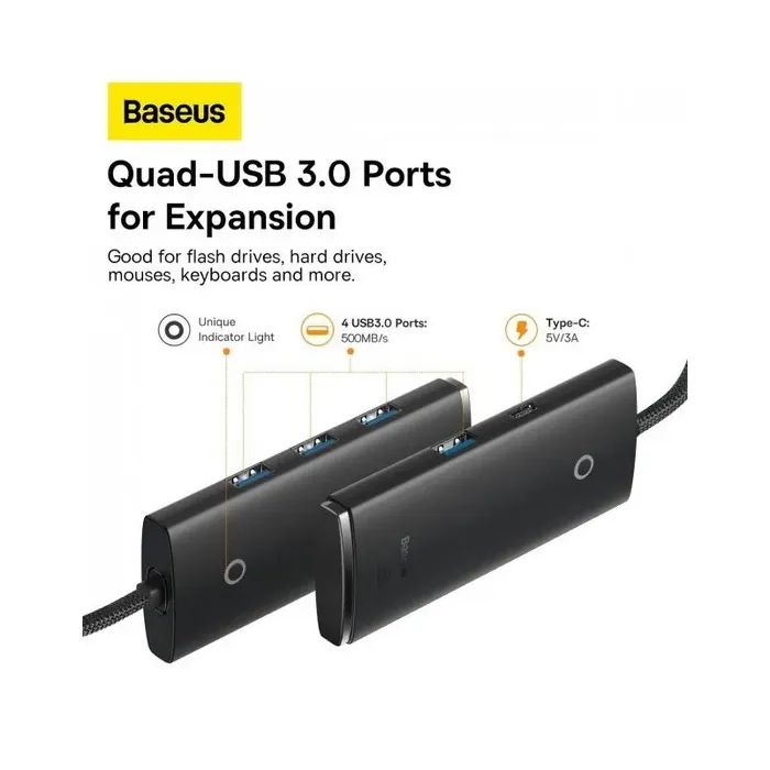 Концентратор Baseus USB 3.0 to 4xUSB 3.0 1.0m black (WKQX030101) изображение 5