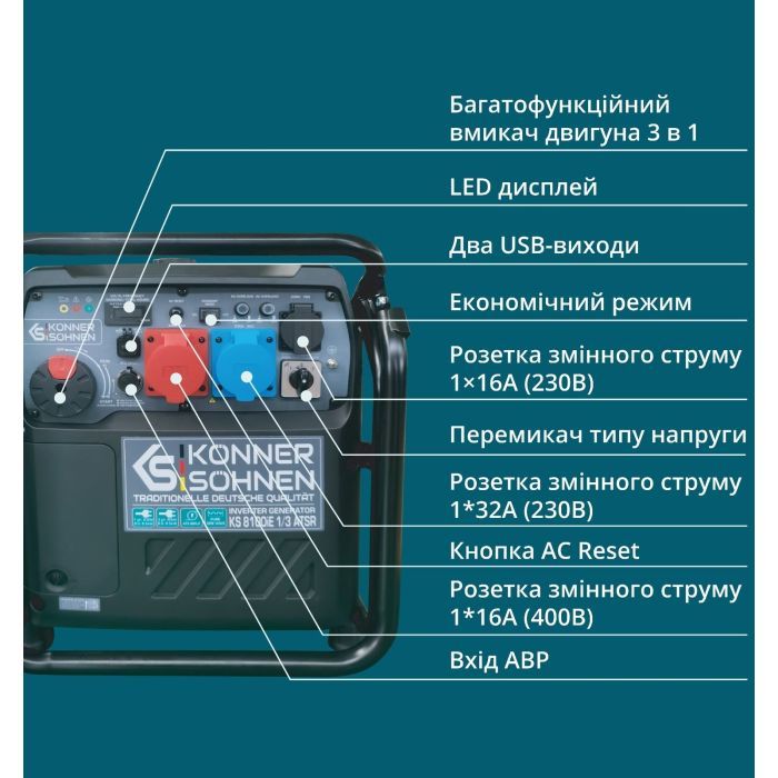 Генератор Konner&Sohnen інверторний KS 8100iE 1/3 ATSR, 230/400В, 8/8.5kW, АВР(ATS) електростартер (KS8100IE1/3ATSR) зображення 10