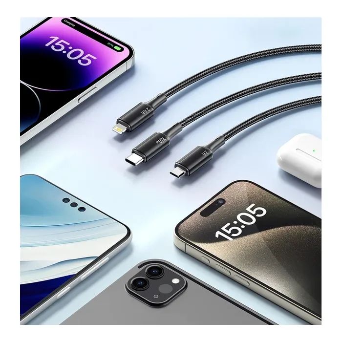 Дата кабель USB 2.0 AM to Lightning + Micro 5P + USB-C 1.2m 100W Essager (EXCMTL-JJ01-P) изображение 4