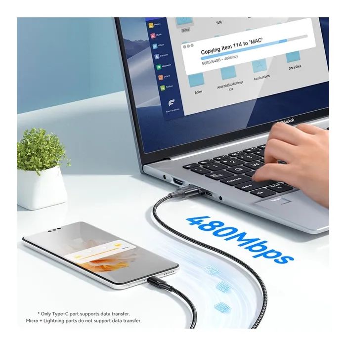 Дата кабель USB 2.0 AM to Lightning + Micro 5P + USB-C 1.2m 100W Essager (EXCMTL-JJ01-P) изображение 7