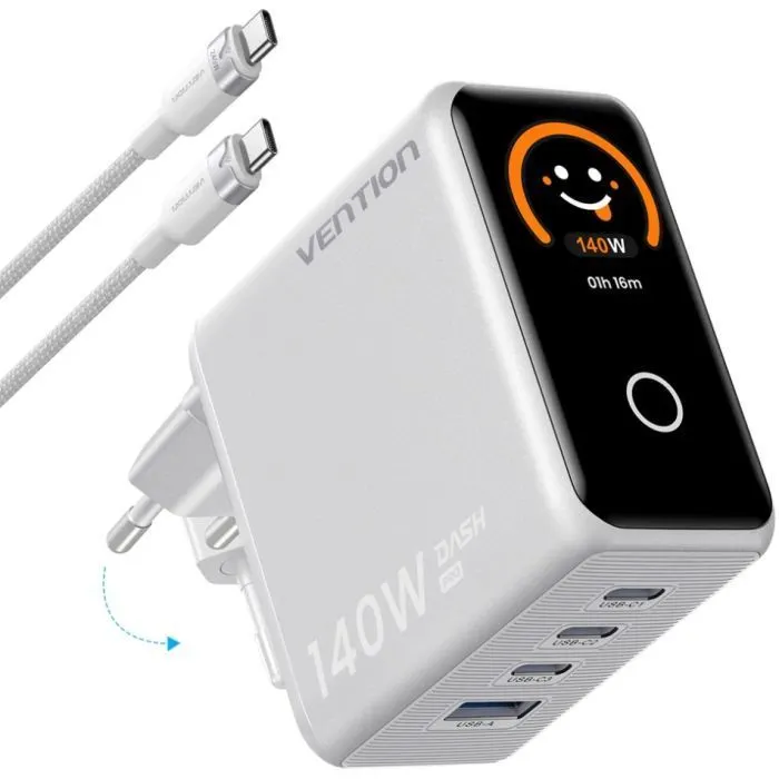 Зарядний пристрій Vention 3xUSB-C + 1xUSB 140W GaN + cable USB-C to USB-C white (TZ-FCOI0-EU)