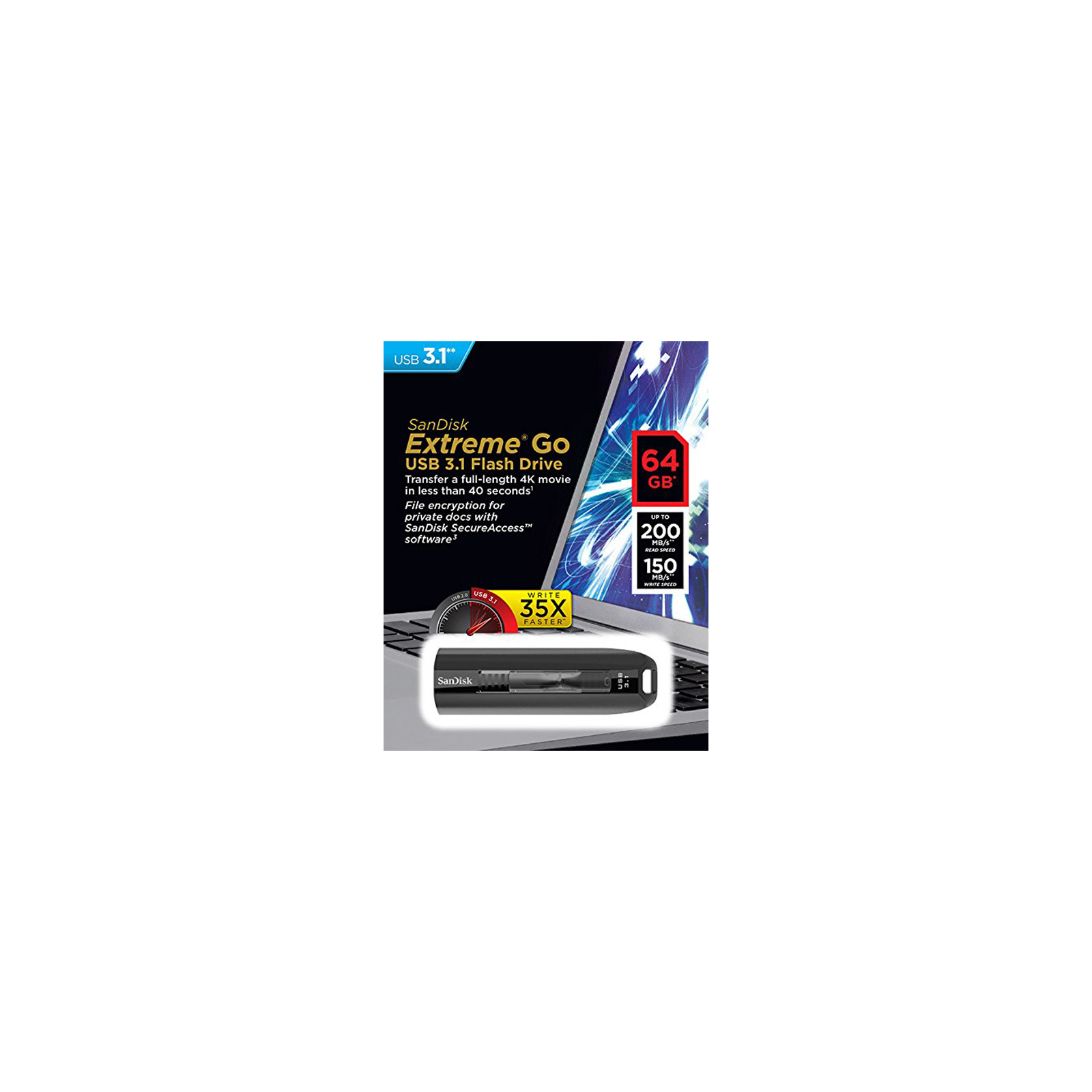 USB флеш накопитель SanDisk 64GB Extreme Go USB 3.1 (SDCZ800-064G-G46) изображение 5