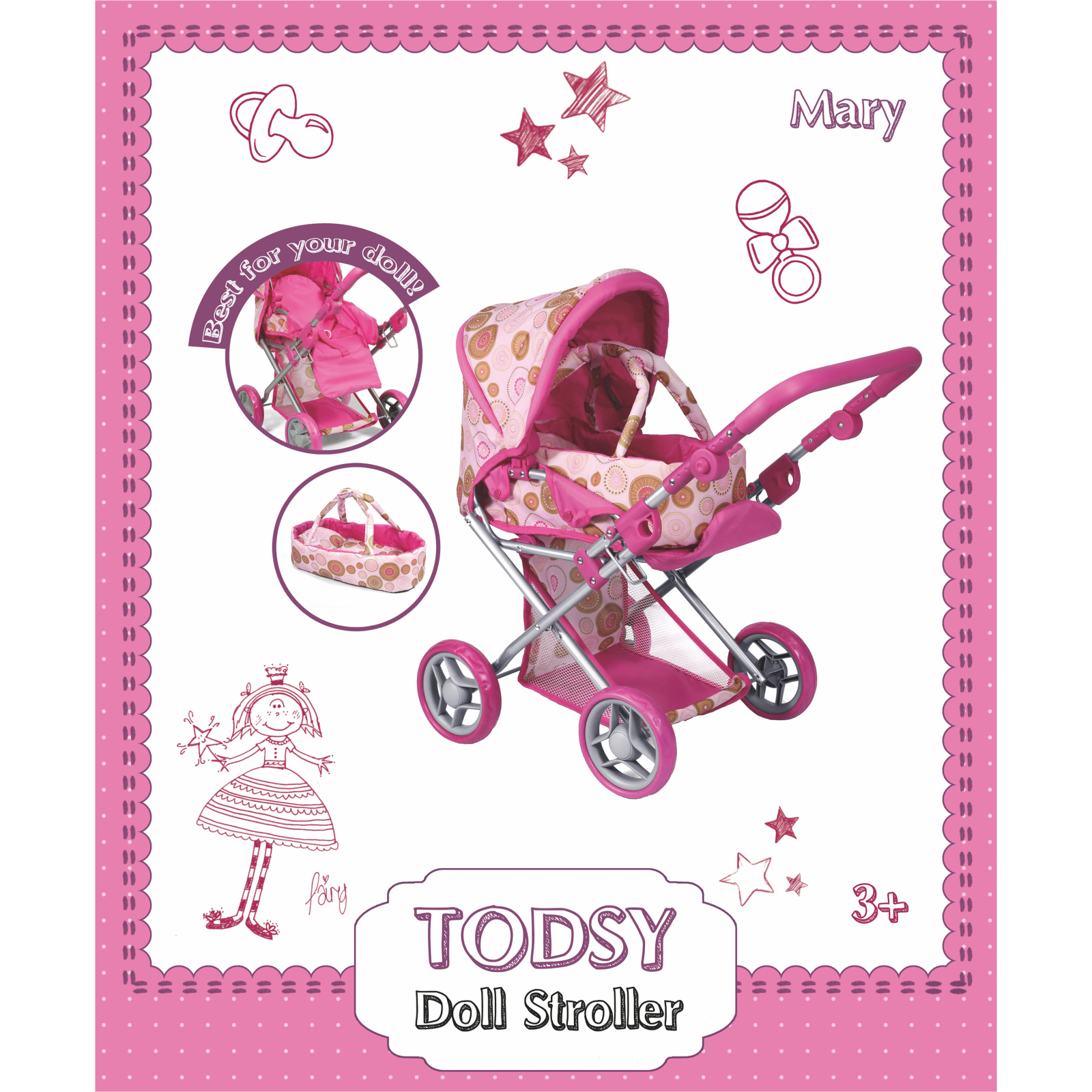 Коляска для кукол Todsy 2 в 1 с люлькой для куклы Mary розовая (9346P) изображение 5
