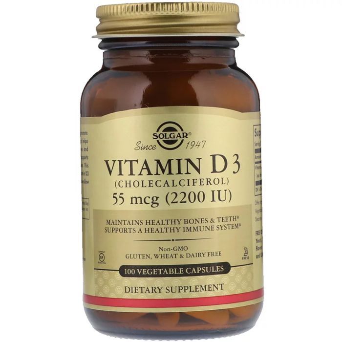 Витамин Solgar Вітамін D3, Vitamin D3, 55 mcg (2200 IU), 100 вегетаріанськ (SOL-03317)